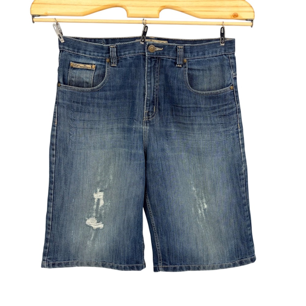 Y2K Indigo Thirty Denim Shorts 36 Blue Embroidered Distressed Long Jorts Grunge
